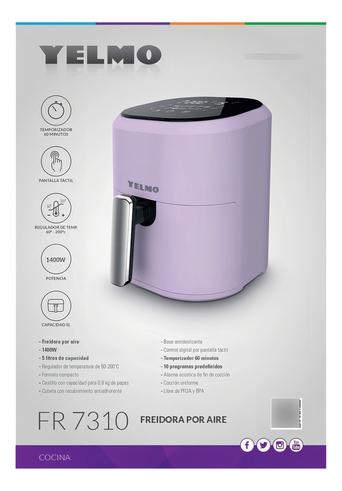Freidora De Aire Yelmo Fr-7310 5lts Pantalla Tactil 1400w Color Lila - Imagen 7