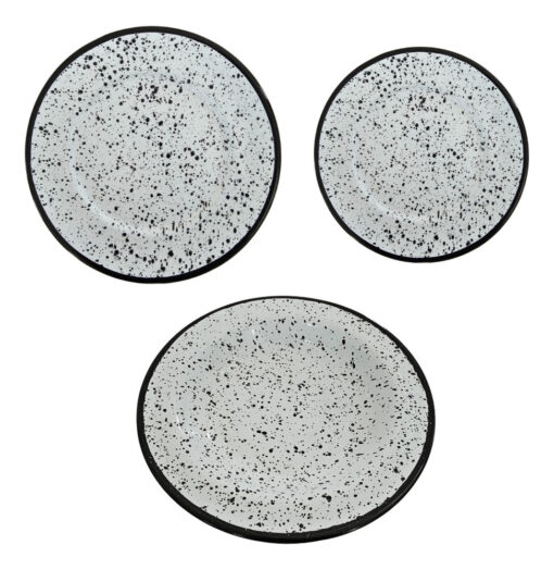 Set De 3 Platos Enlozados Blanco Y Negro Playo Hondo Postre Blanco Y Negro